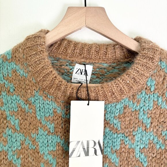NWT Zara chunky brown and blue houndstooth sweater - Picture 2 of 3
